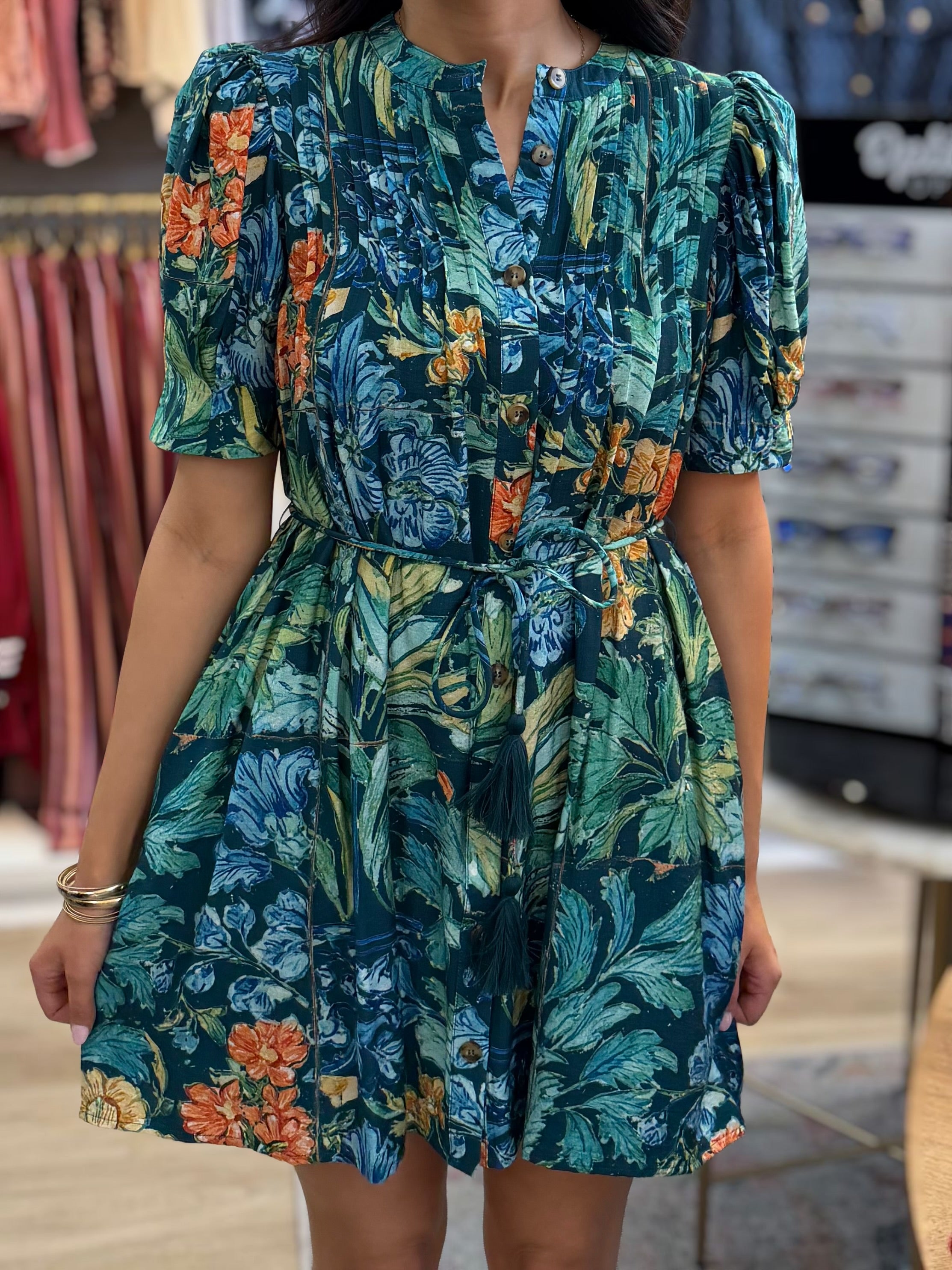 NAVY FLORAL PRINT BUTTON UP SHORT SLEEVE WAIST TASSLE TIE MINI DRESS