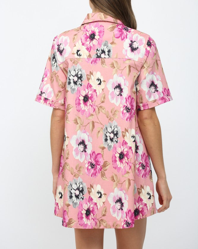 PINK MULTI FLORAL PRINT COLLARED A-LINE SHIRT MINI DRESS