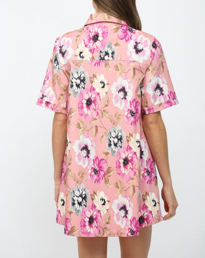 PINK MULTI FLORAL PRINT COLLARED A-LINE SHIRT MINI DRESS