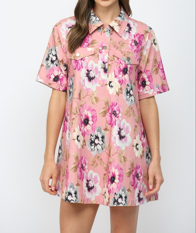 PINK MULTI FLORAL PRINT COLLARED A-LINE SHIRT MINI DRESS