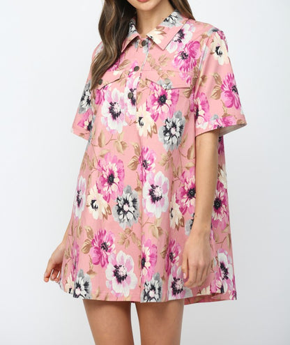 PINK MULTI FLORAL PRINT COLLARED A-LINE SHIRT MINI DRESS