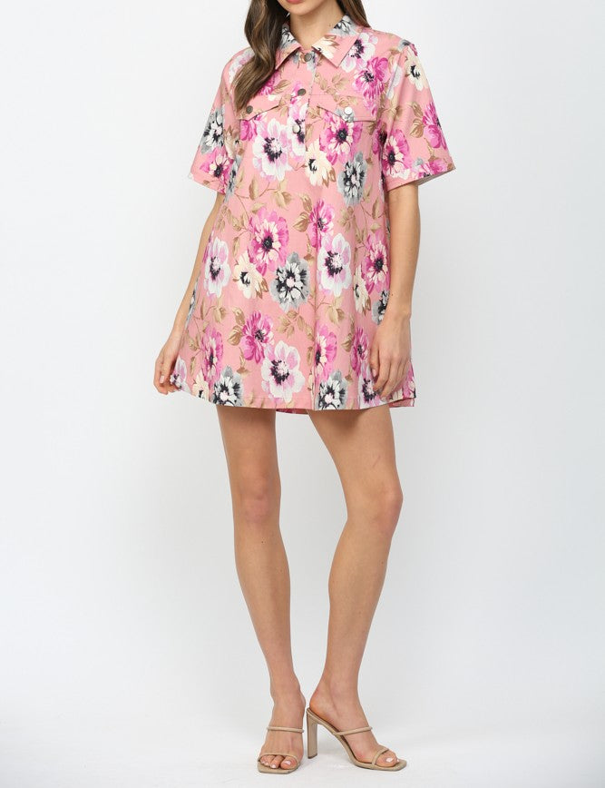 PINK MULTI FLORAL PRINT COLLARED A-LINE SHIRT MINI DRESS
