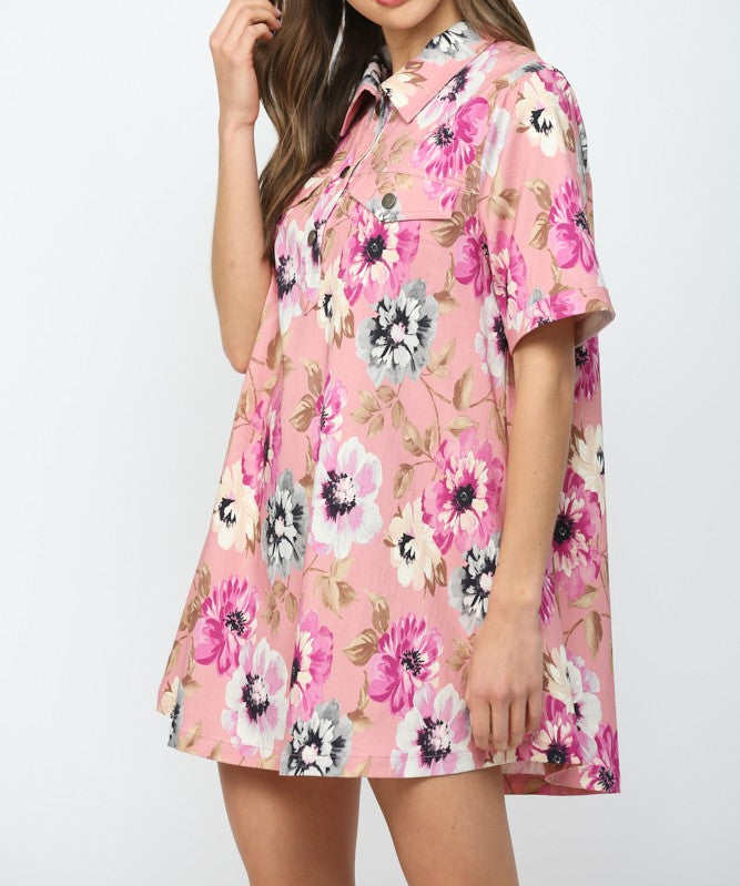 PINK MULTI FLORAL PRINT COLLARED A-LINE SHIRT MINI DRESS