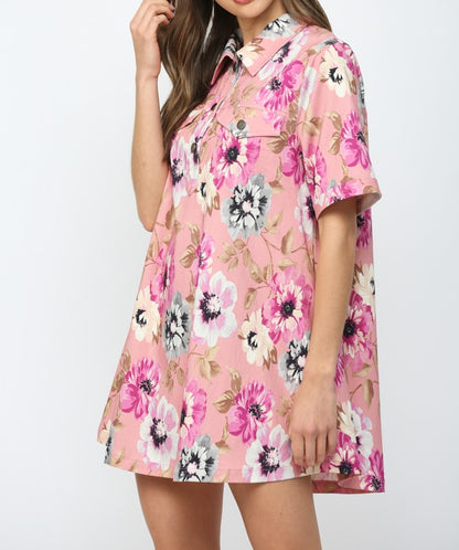 PINK MULTI FLORAL PRINT COLLARED A-LINE SHIRT MINI DRESS