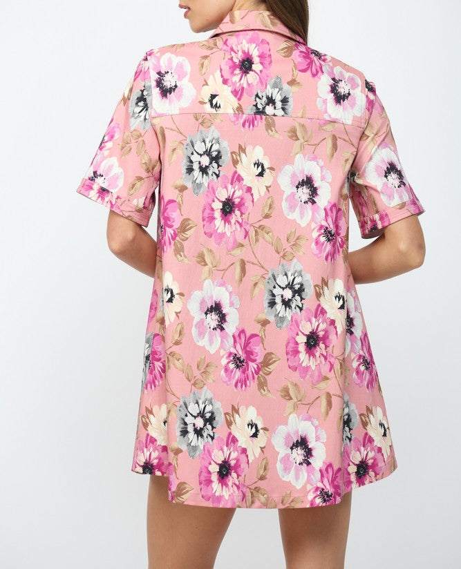 PINK MULTI FLORAL PRINT COLLARED A-LINE SHIRT MINI DRESS