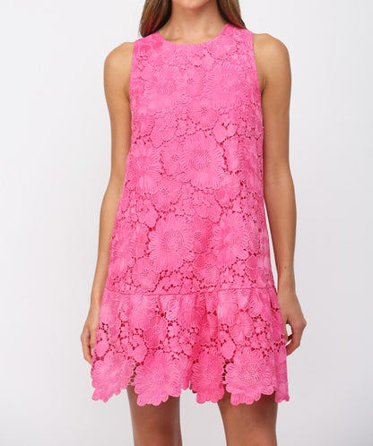 HOT PINK FLORAL EYELET BOW BACK SLEEVELESS MINI DRESS