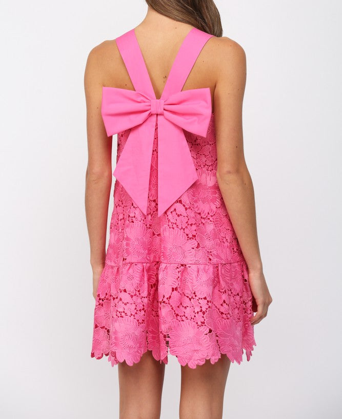 HOT PINK FLORAL EYELET BOW BACK SLEEVELESS MINI DRESS