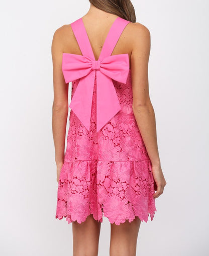 HOT PINK FLORAL EYELET BOW BACK SLEEVELESS MINI DRESS