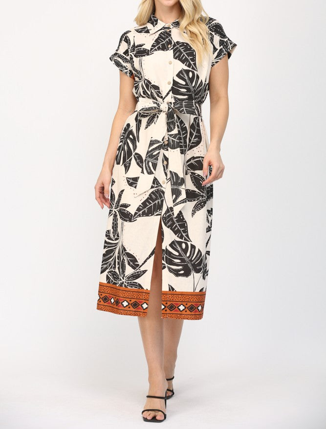 TAUPE MULTI TROPICAL PRINT COLLARED BUTTON UP MIDI DRESS