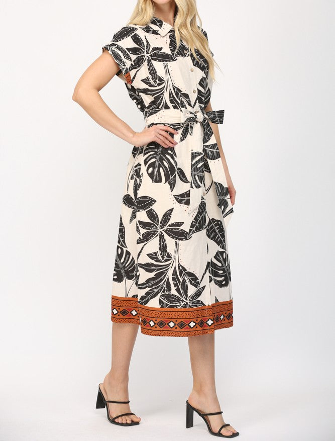 TAUPE MULTI TROPICAL PRINT COLLARED BUTTON UP MIDI DRESS
