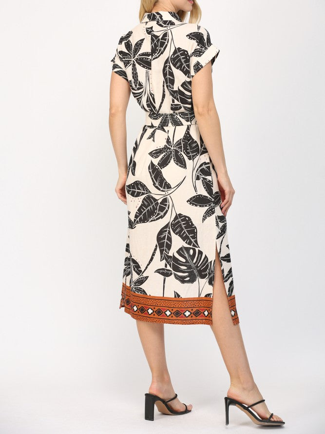 TAUPE MULTI TROPICAL PRINT COLLARED BUTTON UP MIDI DRESS