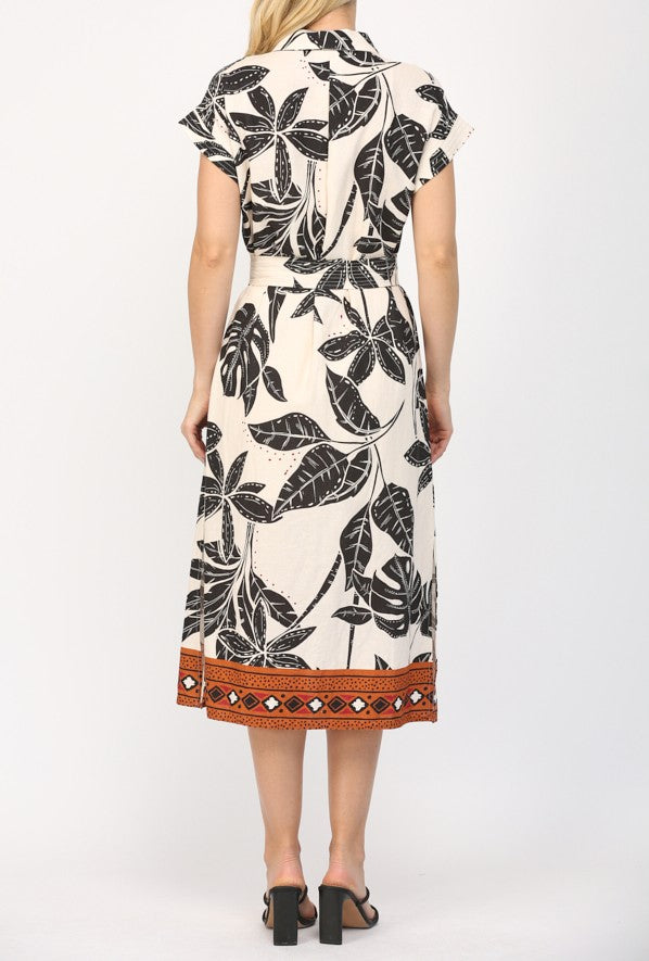 TAUPE MULTI TROPICAL PRINT COLLARED BUTTON UP MIDI DRESS