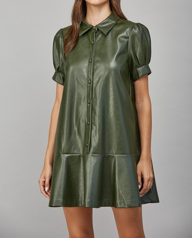 OLIVE FAUX LEATHER BUTTON UP RUFFLE TIER MINI DRESS
