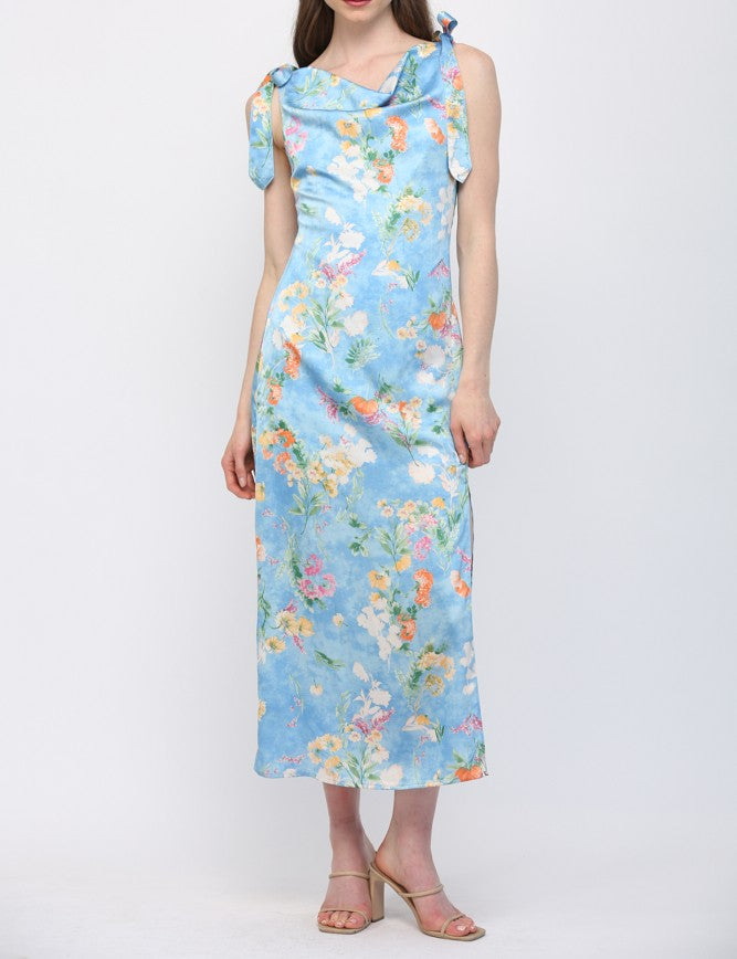 BLUE MULTI FLORAL PRINT COWL NECK SLEEVLESS TIE SHOULDER SATIN MIDI DRESS