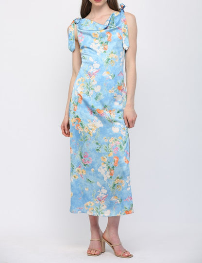 BLUE MULTI FLORAL PRINT COWL NECK SLEEVLESS TIE SHOULDER SATIN MIDI DRESS