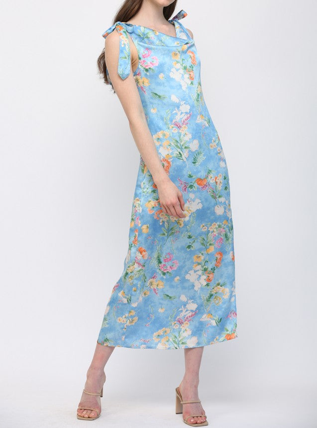 BLUE MULTI FLORAL PRINT COWL NECK SLEEVLESS TIE SHOULDER SATIN MIDI DRESS