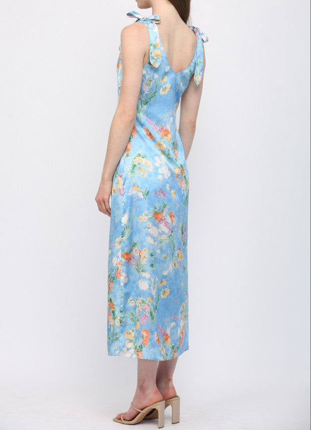 BLUE MULTI FLORAL PRINT COWL NECK SLEEVLESS TIE SHOULDER SATIN MIDI DRESS