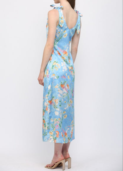 BLUE MULTI FLORAL PRINT COWL NECK SLEEVLESS TIE SHOULDER SATIN MIDI DRESS
