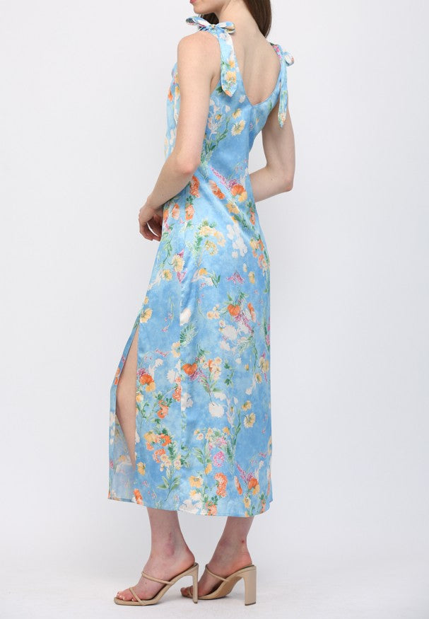 BLUE MULTI FLORAL PRINT COWL NECK SLEEVLESS TIE SHOULDER SATIN MIDI DRESS