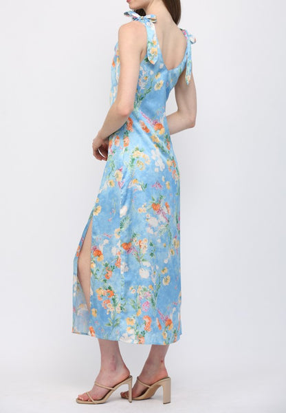 BLUE MULTI FLORAL PRINT COWL NECK SLEEVLESS TIE SHOULDER SATIN MIDI DRESS