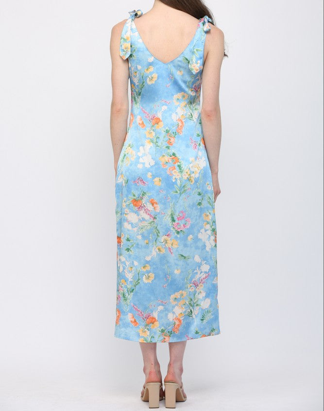 BLUE MULTI FLORAL PRINT COWL NECK SLEEVLESS TIE SHOULDER SATIN MIDI DRESS