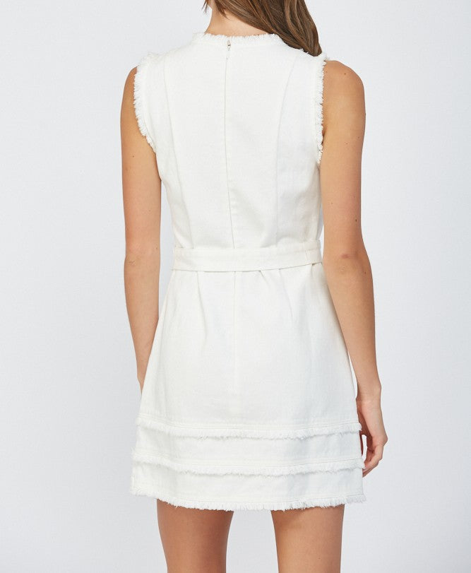 CREAM DENIM SLEEVELESS FRAY HEM TIE WAIST MINI DRESS
