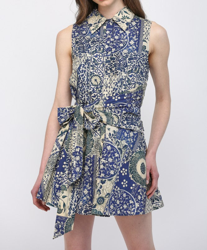 NAVY PATCHWORK PRINT COTTON POPLIN SIDE WAIST TIE SLEEVELESS SHIRT MINI DRESS