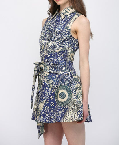 NAVY PATCHWORK PRINT COTTON POPLIN SIDE WAIST TIE SLEEVELESS SHIRT MINI DRESS