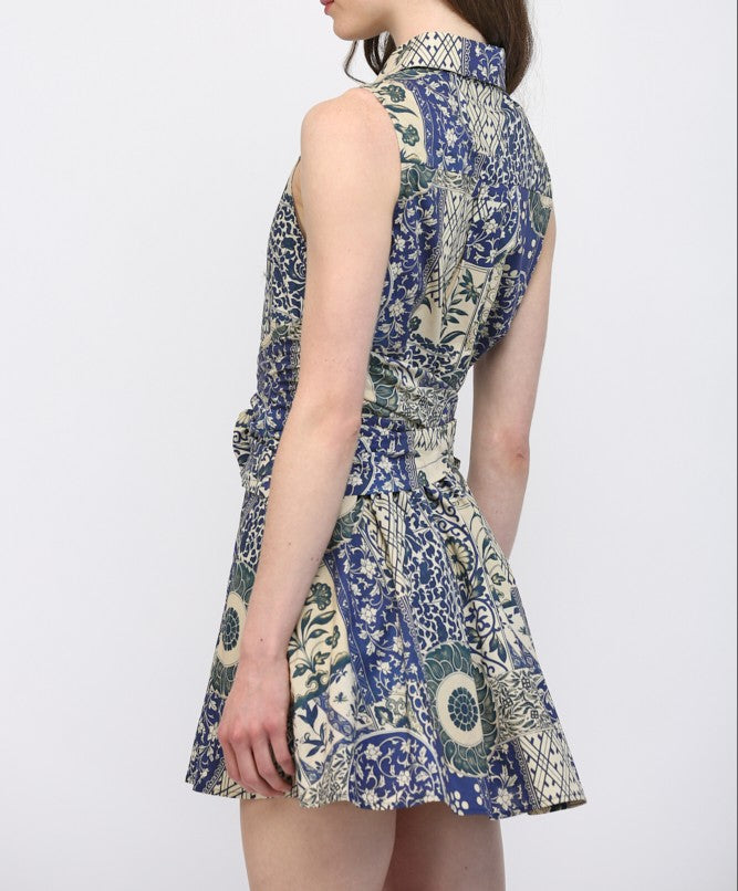 NAVY PATCHWORK PRINT COTTON POPLIN SIDE WAIST TIE SLEEVELESS SHIRT MINI DRESS