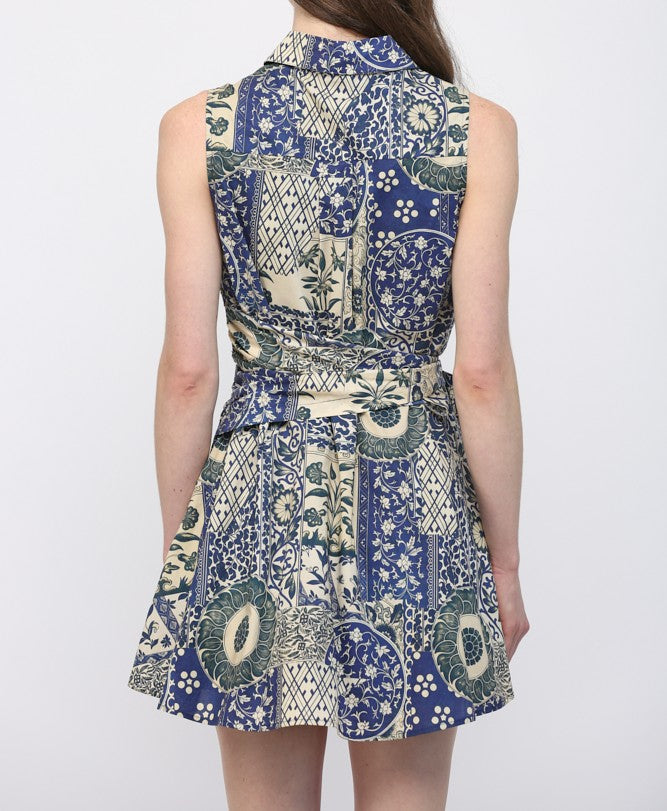 NAVY PATCHWORK PRINT COTTON POPLIN SIDE WAIST TIE SLEEVELESS SHIRT MINI DRESS