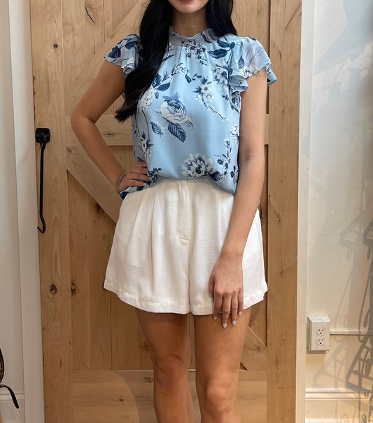 BLUE FLORAL RUFFLE SLEEVE TOP