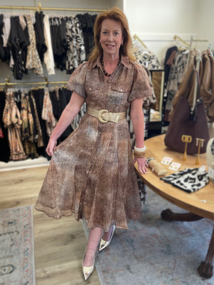 RUST MULTI PRINTED BUTTON UP SHORT PUFF SLEEVE MIDI DRESS