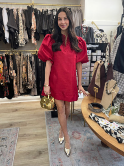 RED METALLIC MANDARIN COLLAR VNECK PUFF SLEEVE MINI DRESS