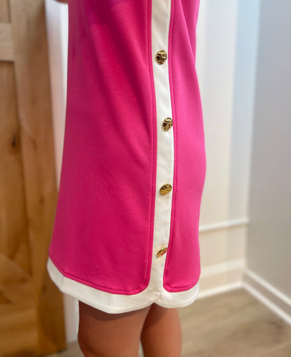 FUCHSIA GOLD ACCENT BUTTON CONTAST BAND SLEEVELESS MINI DRESS