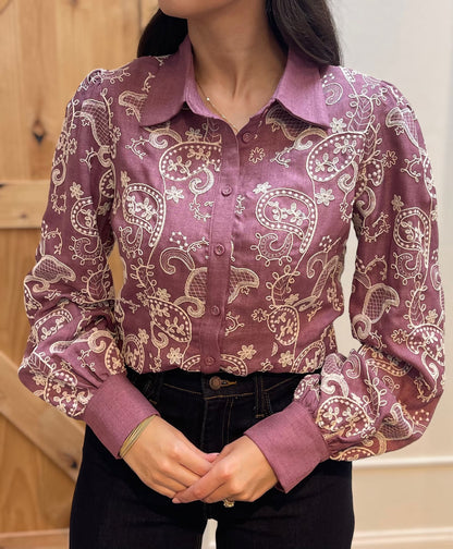 MAUVE/CREAM EMBROIDERED COLLARED BUTTON UP LONG SLEEVE TOP