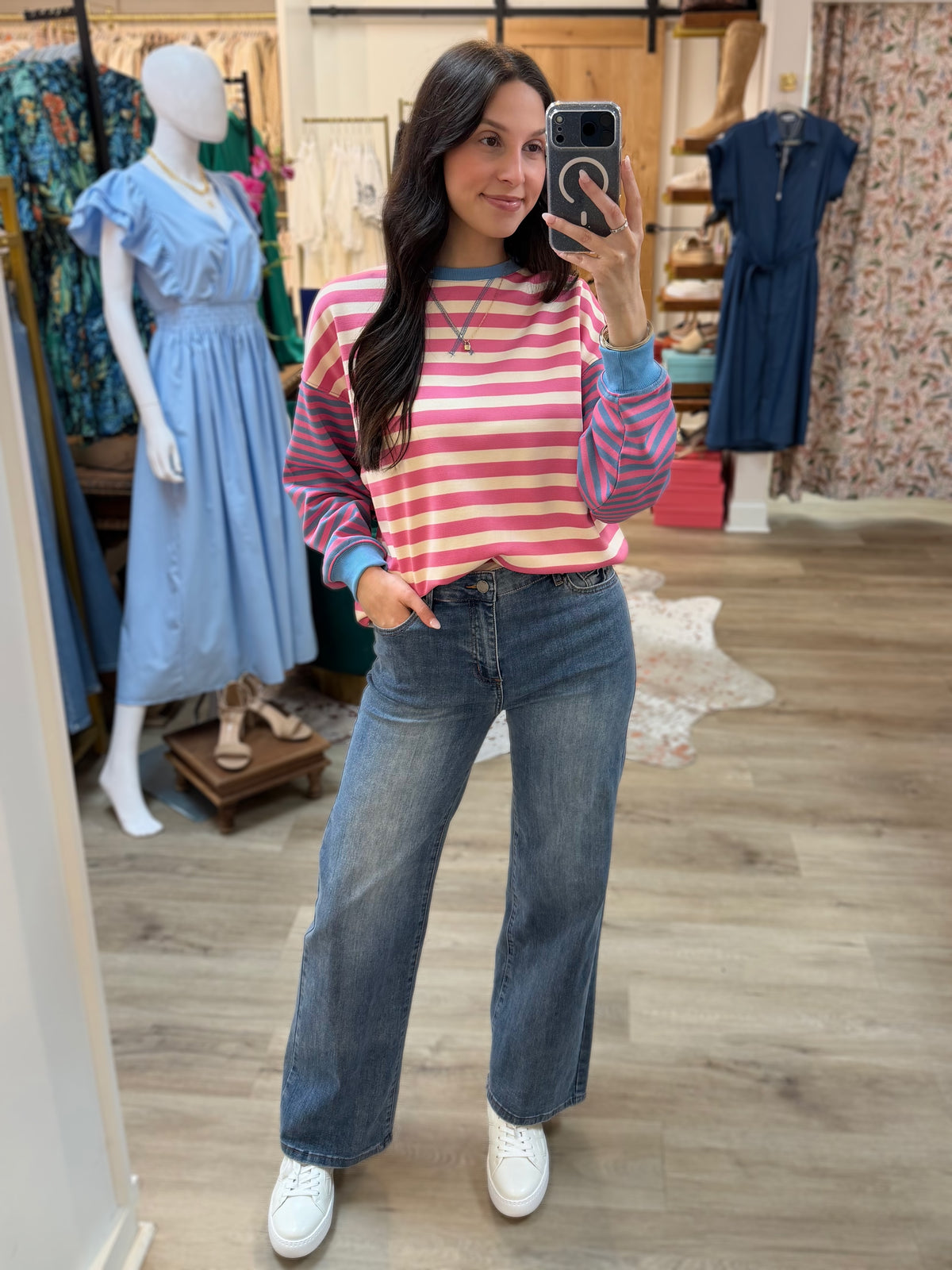 IVORY/PINK/BLUE CONTRAST RIBBED BAND COLOR-BLOCK STRIPED SWEATSHIRT