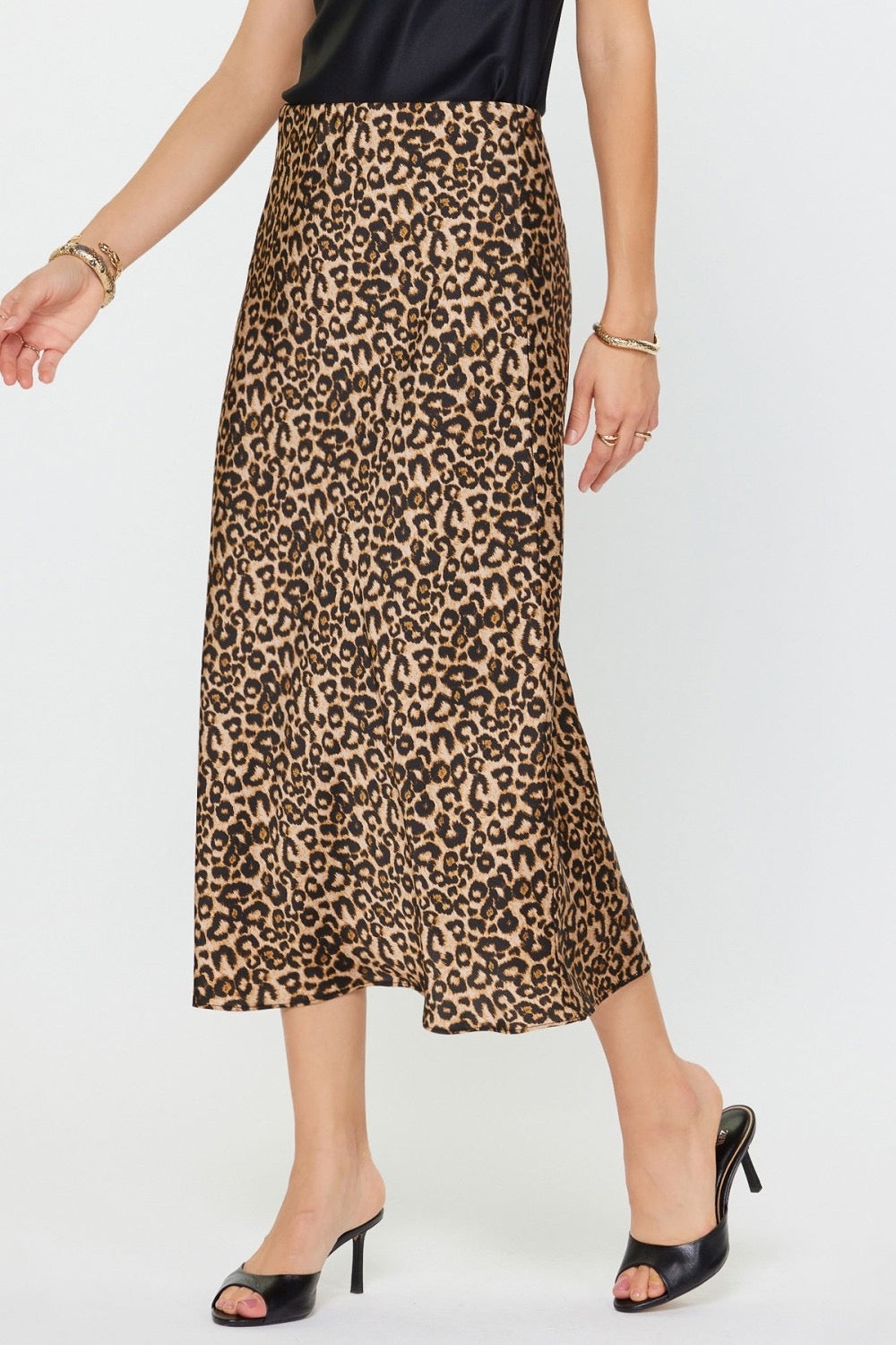 LEOPARD PRINT ELASTIC WAIST BIAS MIDI SKIRT