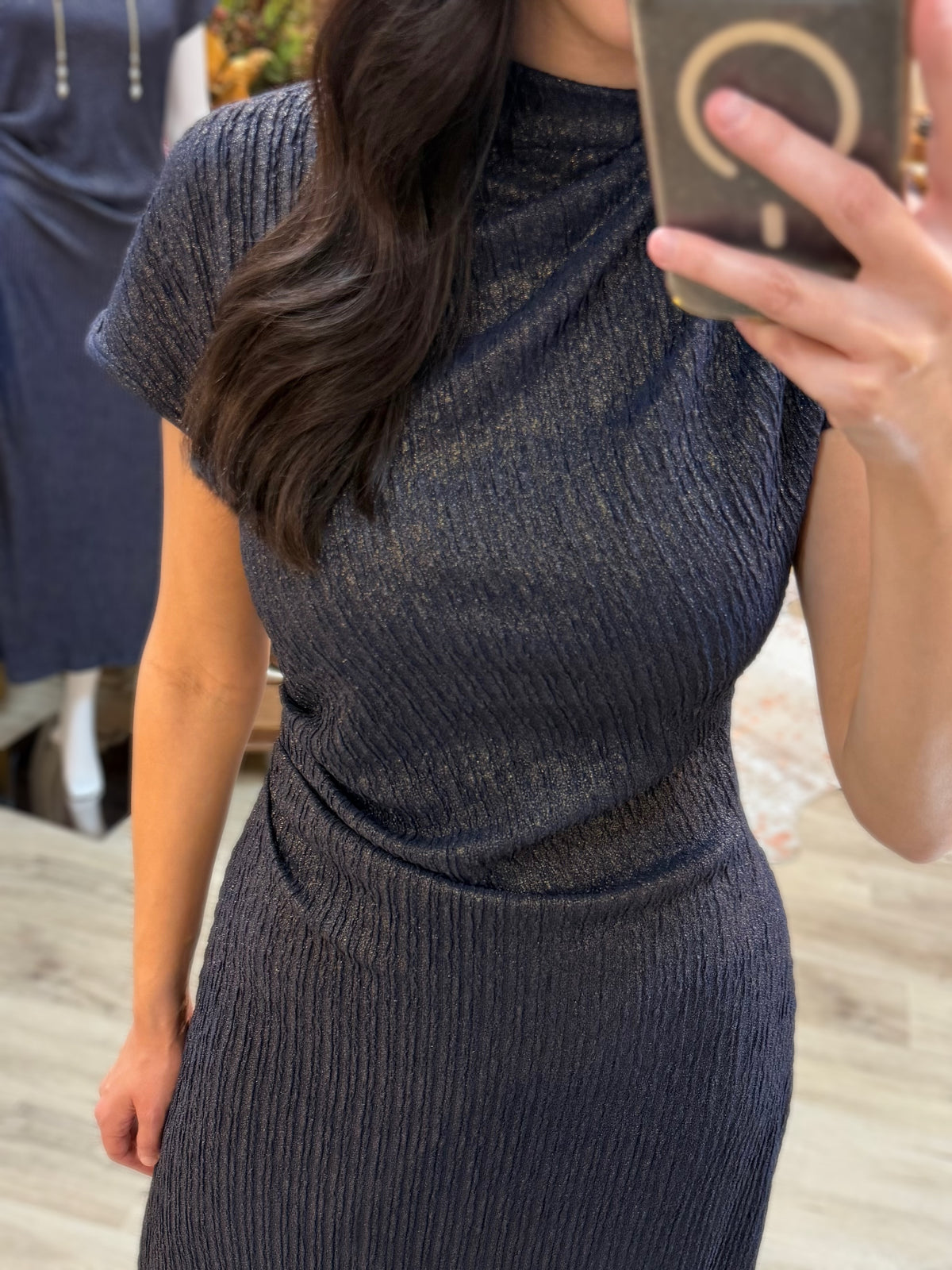 NAVY &amp; GOLD METALLIC RIBBED KNIT DRAPED MOCK NECK MIDI DRESS