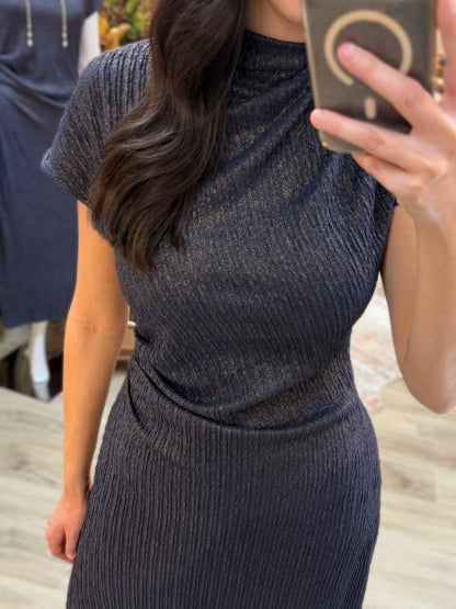 NAVY &amp; GOLD METALLIC RIBBED KNIT DRAPED MOCK NECK MIDI DRESS