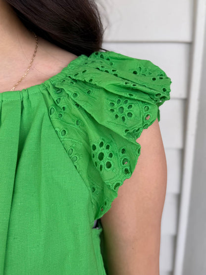 KELLY GREEN EYELET LACE SLEEVE BUBBLE HEM ADA TOP