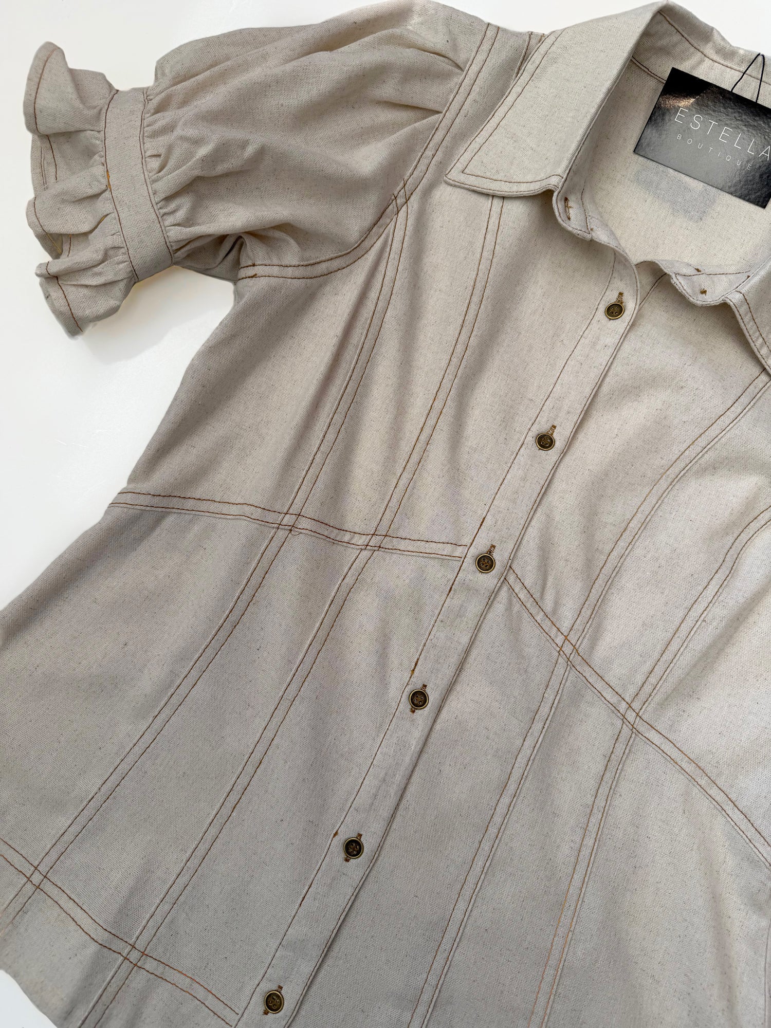 OATMEAL WOVEN LINEN PUFF SLEEVE BUTTON UP CONTRAST STITCH TOP