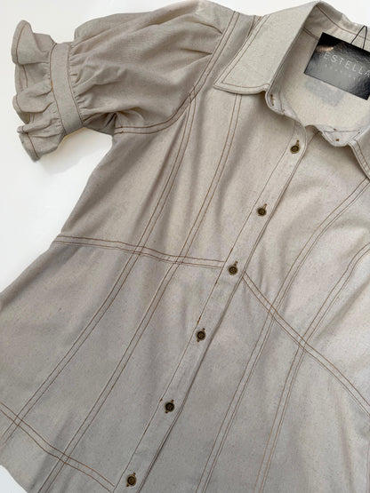 OATMEAL WOVEN LINEN PUFF SLEEVE BUTTON UP CONTRAST STITCH TOP