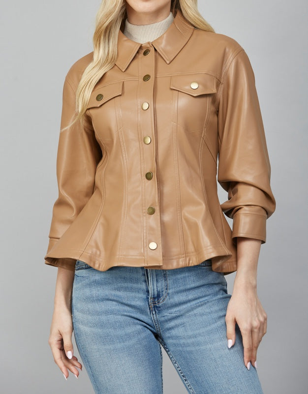 CAMEL CINCHED 3/4 SLEEVE PEPLUM FAUX LEATHER JACKET