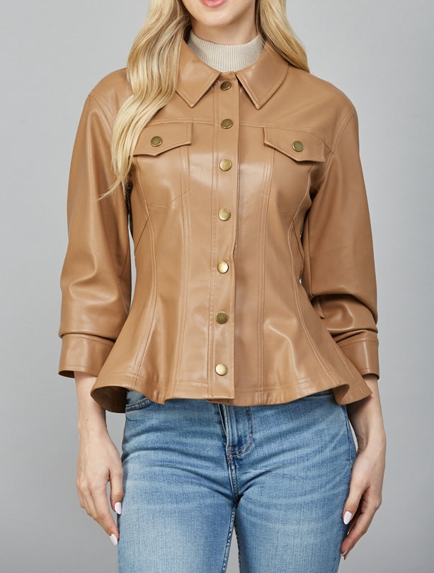 CAMEL CINCHED 3/4 SLEEVE PEPLUM FAUX LEATHER JACKET