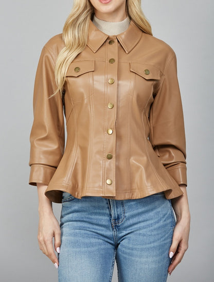 CAMEL CINCHED 3/4 SLEEVE PEPLUM FAUX LEATHER JACKET