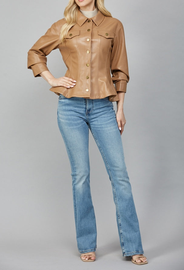 CAMEL CINCHED 3/4 SLEEVE PEPLUM FAUX LEATHER JACKET