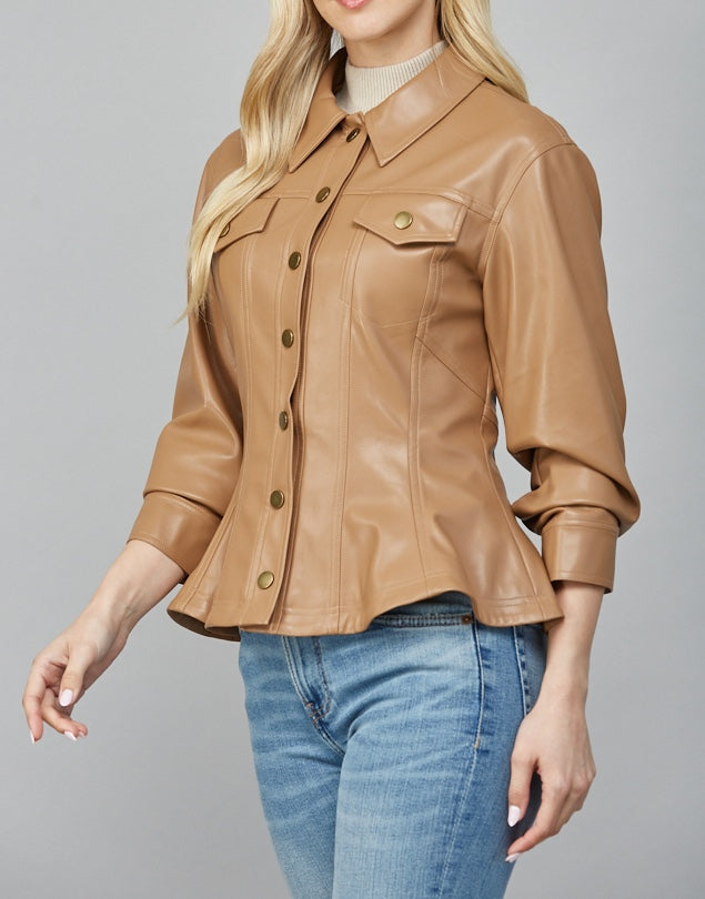 CAMEL CINCHED 3/4 SLEEVE PEPLUM FAUX LEATHER JACKET