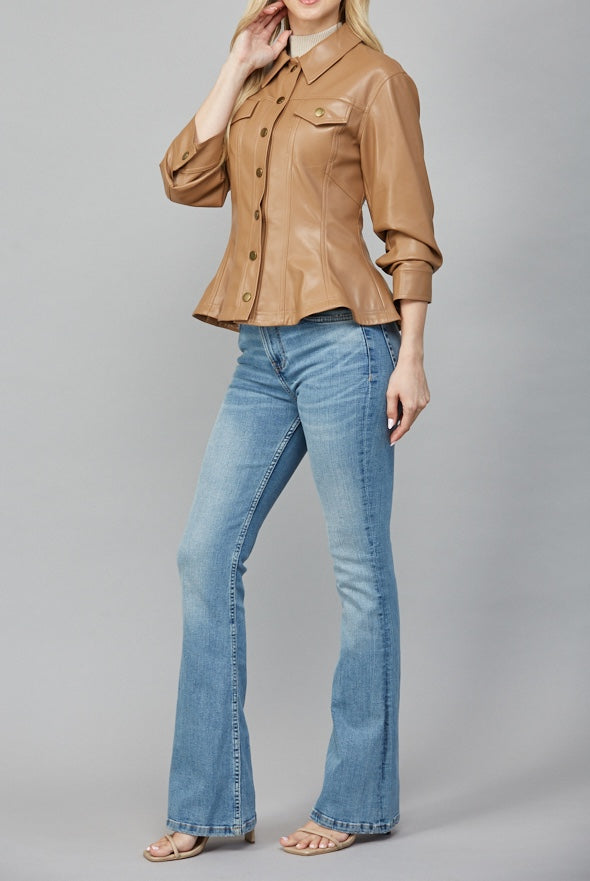 CAMEL CINCHED 3/4 SLEEVE PEPLUM FAUX LEATHER JACKET