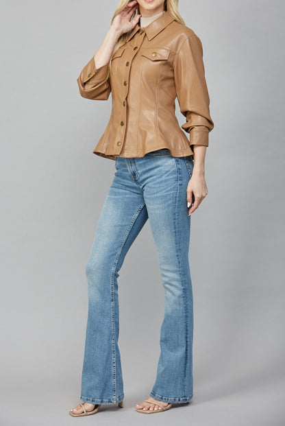 CAMEL CINCHED 3/4 SLEEVE PEPLUM FAUX LEATHER JACKET