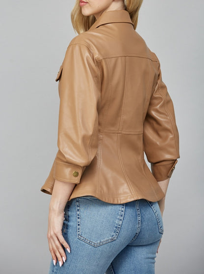 CAMEL CINCHED 3/4 SLEEVE PEPLUM FAUX LEATHER JACKET